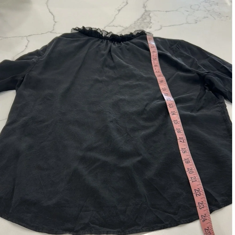J. Crew Silk Ruffle Neck Long Sleeve‎ Black Blouse Top S-M